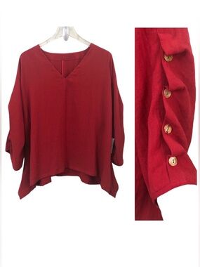 Fridaze | NWT Linen Ruched Button Sleeve Red V Neck Tunic Lagenlook